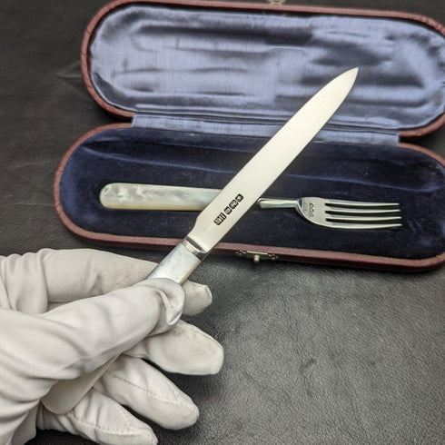 1915 英國古董水果餐具套裝純銀刀片白色蝴蝶貝殼手柄盒裝①